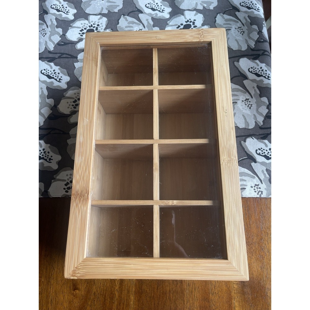 Vintage Tea Box Light Bamboo‎ Wood & Acrylic Glass Hinged Lid 8 Compartments